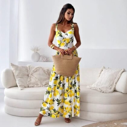 Robe d'été légère à imprimé citron jaune et encolure en V