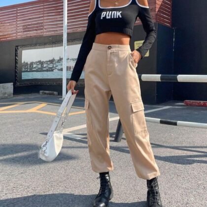 1 Pantalon cargo femme-taille haute