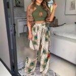 Pantalon décontracté ample et confortable à imprimé plumes de paon