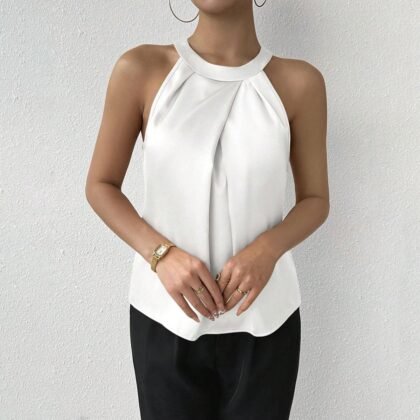 Chemisier en satin élégant, pour la saison estivale-Blanc