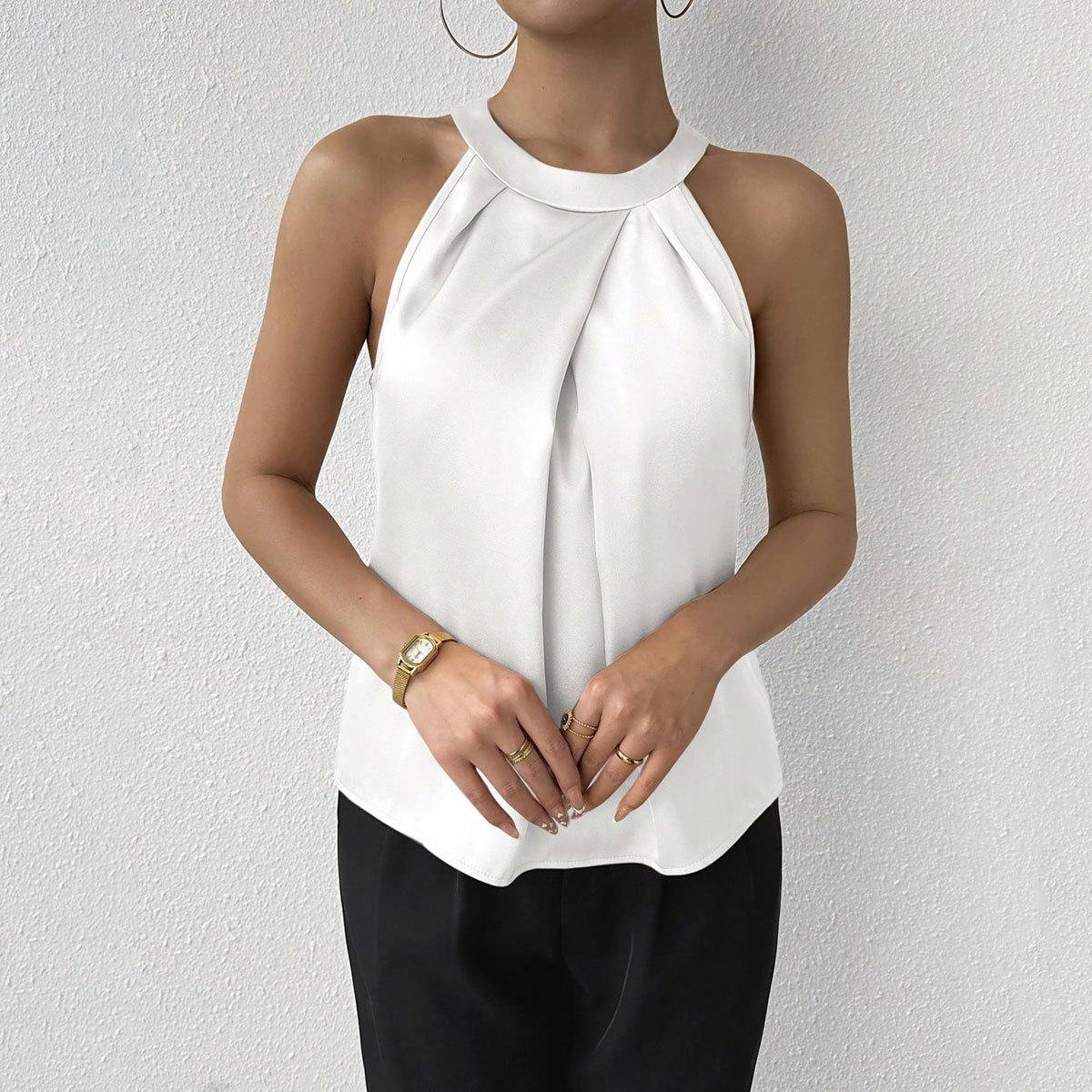 Chemisier en satin élégant, pour la saison estivale-Blanc
