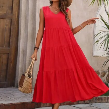 Robe Boho Ample sans manches 2025 -rouge