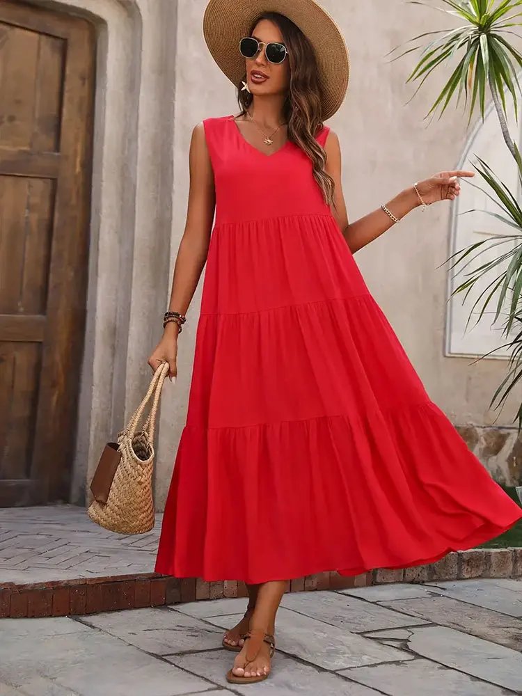 Robe Boho Ample sans manches 2025 -rouge