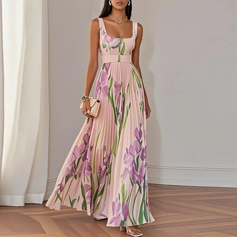 Robe Longue Plissée à Imprimé Floral Élégant – Nouvelle Collection Printemps Robe Longue Plissée à Imprimé Floral Élégant – Nouvelle Collection Printemps